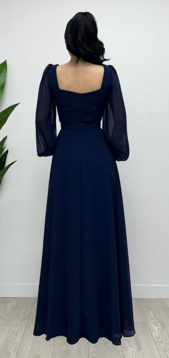 Kare Yaka Lacivert Uzun Kadın Abiye Elbise - Görsel 5