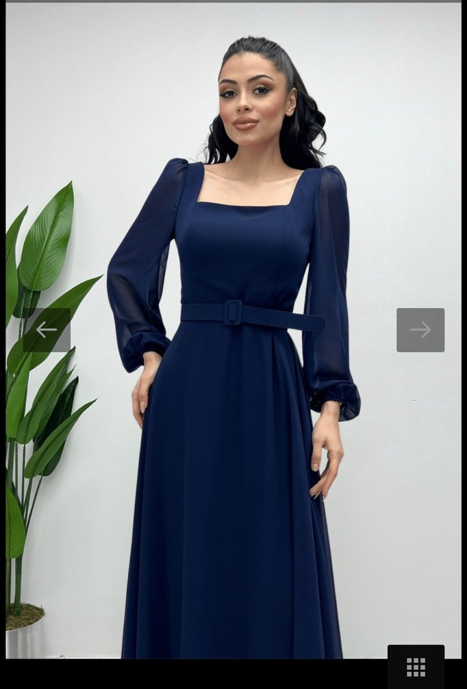 Kare Yaka Lacivert Uzun Kadın Abiye Elbise - Görsel 4