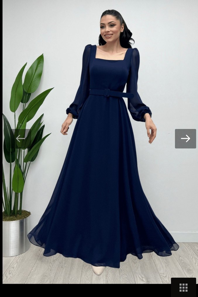 Kare Yaka Lacivert Uzun Kadın Abiye Elbise - Görsel 3