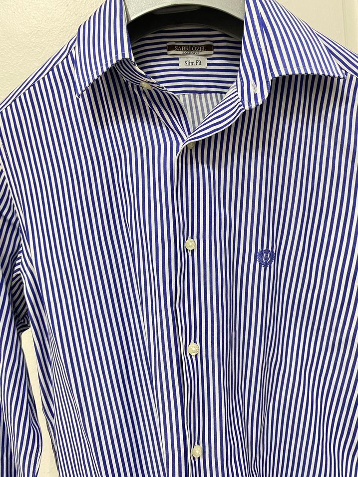 Erkek Mavi Çizgili Slim Fit Gömlek - Görsel 5