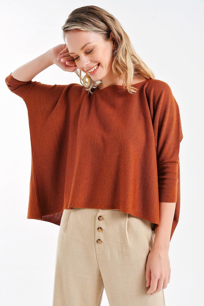 Kadın Tarçın Rengi Triko Panço - Görsel 2