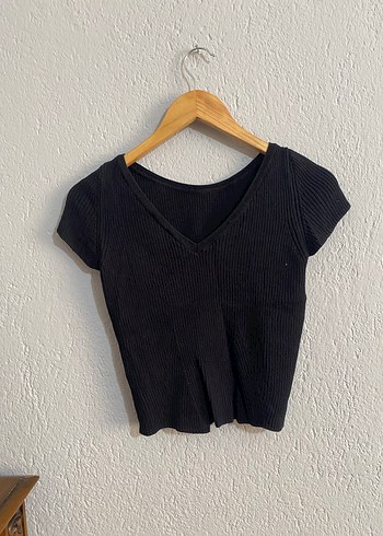 m Beden Siyah Kısa Kollu Crop Top Triko