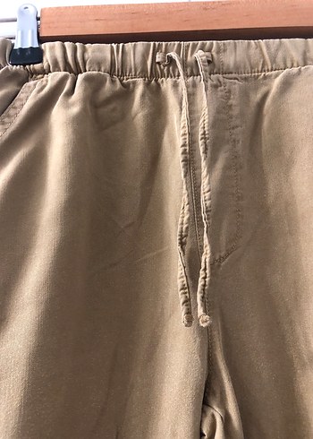 Bej Düğmeli Keten Kadın Pantolon