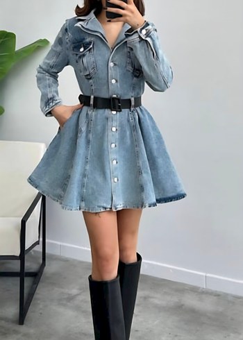 Kemerli Mini Denim Elbise