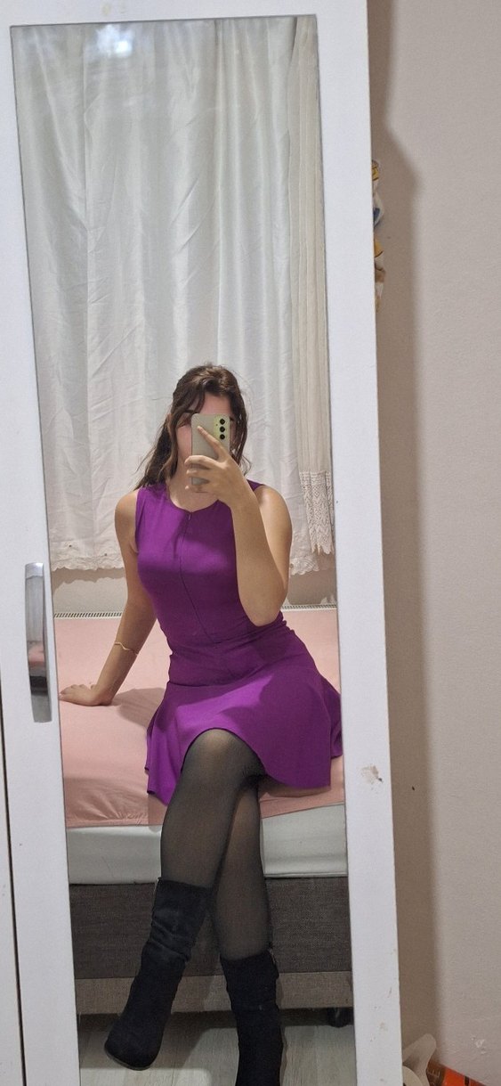 Mor V Yaka Mini Elbise - Görsel 3