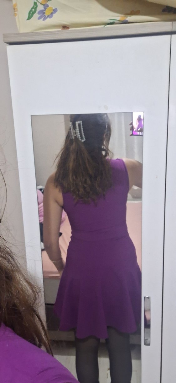 Mor V Yaka Mini Elbise - Görsel 2