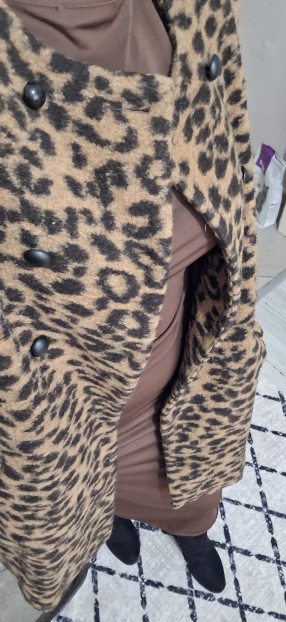 Kahverengi Leopar Desenli Kadın Midi Kaban - Görsel 2