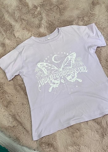 Mor Bisiklet Yaka Baskılı Kadın Tişört