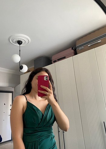 Straplez V Yakalı Uzun Drapeli Yeşil Abiye - Görsel 3