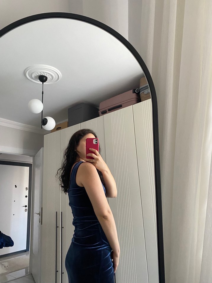 Lacivert Drapeli Midi Elbise - Görsel 4