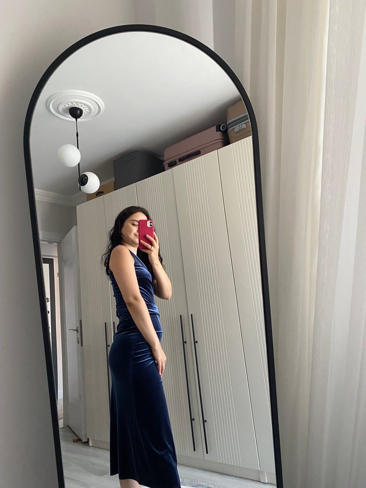 Lacivert Drapeli Midi Elbise - Görsel 5