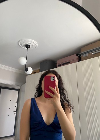 Lacivert A-Kesim Mat Saten Balon Etek Detaylı Midi Abiye - Görsel 3