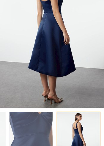 Lacivert A-Kesim Mat Saten Balon Etek Detaylı Midi Abiye - Görsel 6