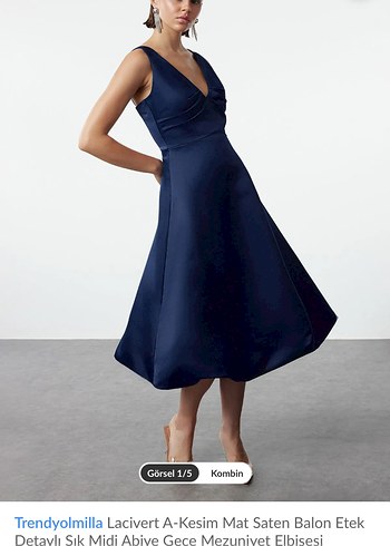 Lacivert A-Kesim Mat Saten Balon Etek Detaylı Midi Abiye - Görsel 5