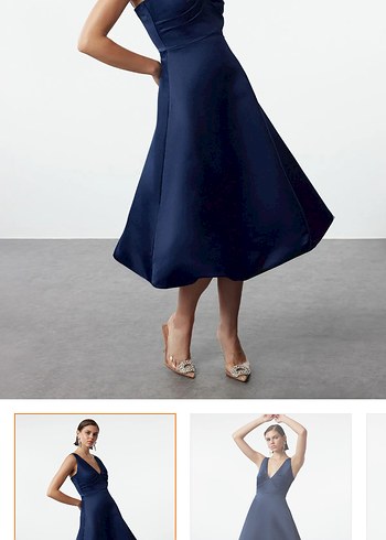 Lacivert A-Kesim Mat Saten Balon Etek Detaylı Midi Abiye - Görsel 7