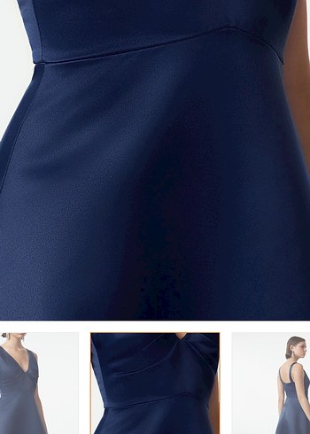 Lacivert A-Kesim Mat Saten Balon Etek Detaylı Midi Abiye - Görsel 10