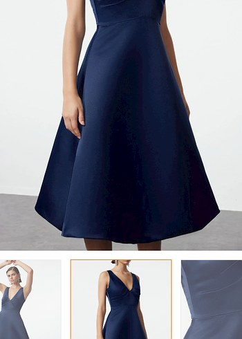 Lacivert A-Kesim Mat Saten Balon Etek Detaylı Midi Abiye - Görsel 9