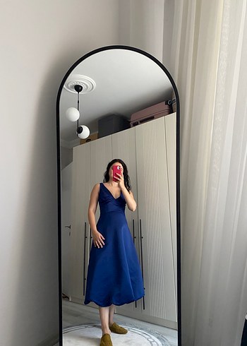 Lacivert A-Kesim Mat Saten Balon Etek Detaylı Midi Abiye - Görsel 2