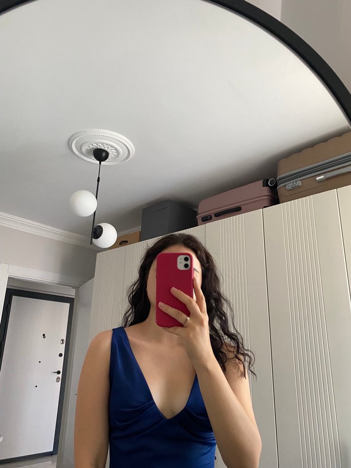 Lacivert A-Kesim Mat Saten Balon Etek Detaylı Midi Abiye - Görsel 3