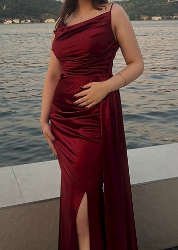 l Beden Bordo Drapeli Uzun Abiye Elbise