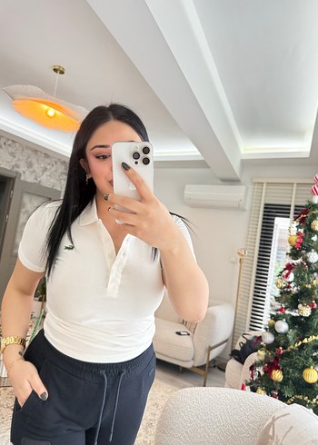 Beyaz polo Yaka Kadın Tişört - Görsel 3