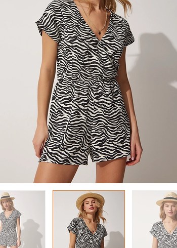 Zebra Desenli V Yaka Kısa Kadın Tulum