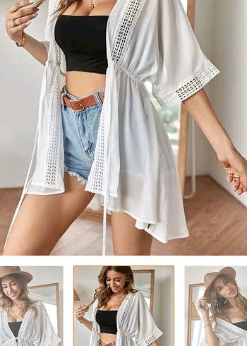 Kısa Beyaz Bohem Nakışlı Tül Kimono