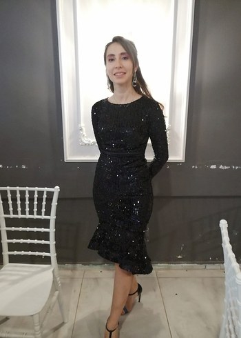 Abiye Siyah Parlak Midi Abiye Elbise