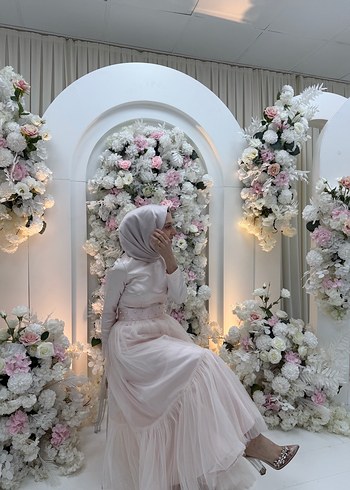 Abiye Uzun Kol Drapeli Pembe Çiçekli Bohem Abiye