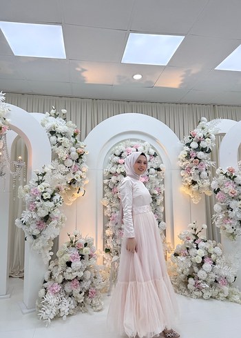 Uzun Kol Drapeli Pembe Çiçekli Bohem Abiye