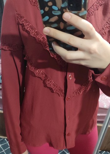 Bordo Nakışlı V Yaka Bohem Gömlek