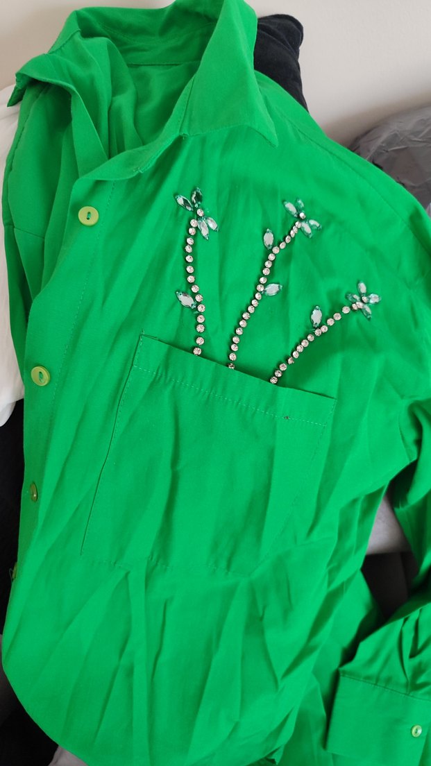 Uzun Kollu Yeşil Nakışlı Kadın Gömlek - Görsel 5