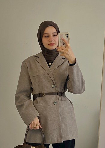 38 Beden kahverengi Renk Bej Keten Midi Kadın Blazer Ceket Touche Etiketli