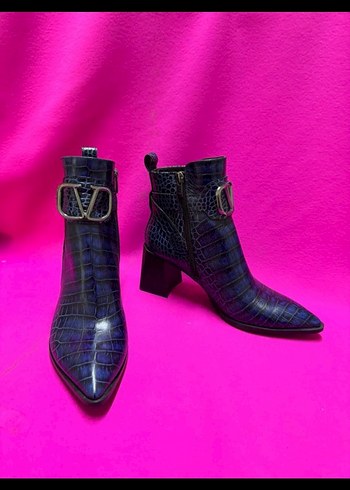 Koyu lacivert Yılan Derisi Desenli Tokalı Kadın Botk460 - Görsel 2