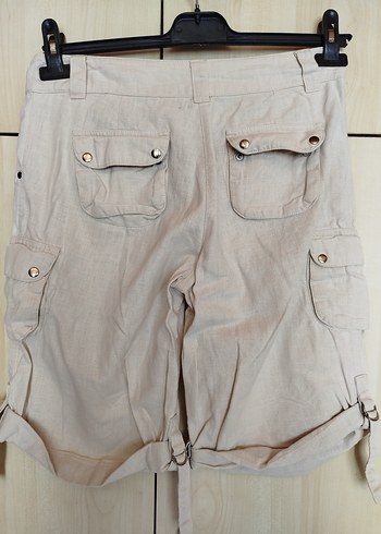 Kadın Bej Keten Kemerli Mini Şort - Görsel 2