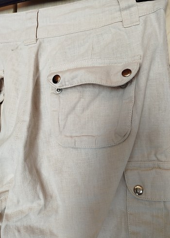 Kadın Bej Keten Kemerli Mini Şort - Görsel 3