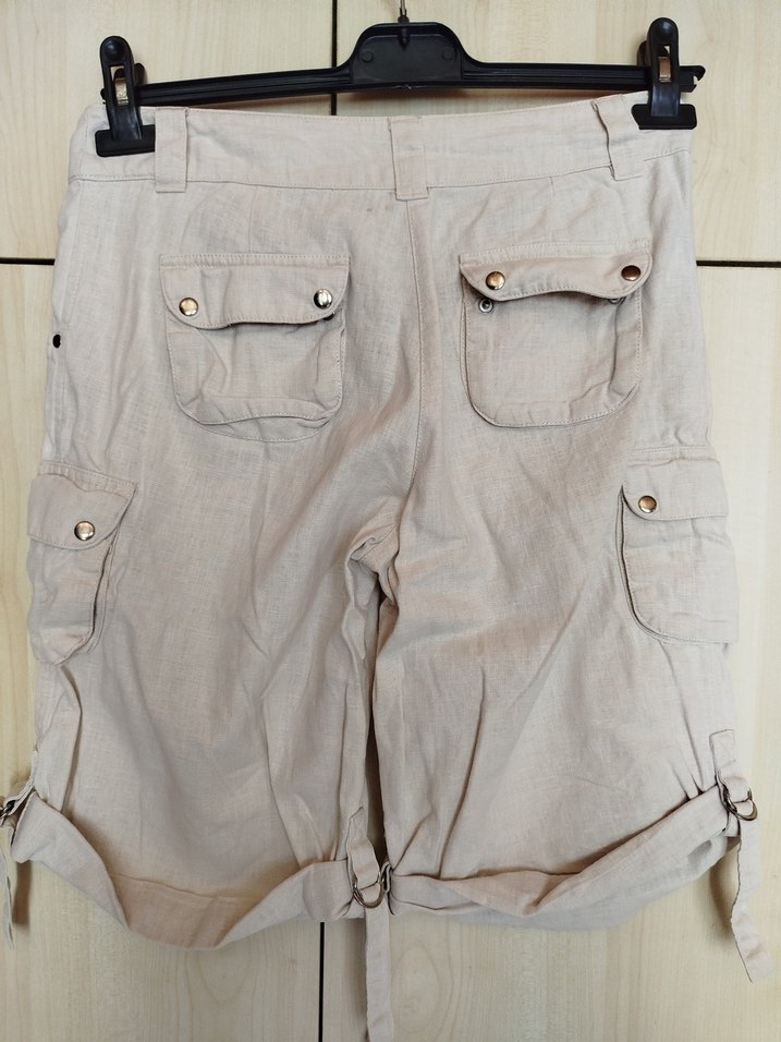 Kadın Bej Keten Kemerli Mini Şort - Görsel 2