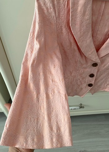 38 Beden pembe Renk Düğmeli Pembe Keten Kadın Blazer Ceket
