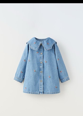 Nakışlı Düğmeli Mavi Denim Elbise