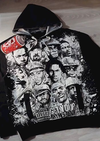 American Vintage Siyah Hip Hop Baskili Kapusonlu Sweatshirt Streetwear