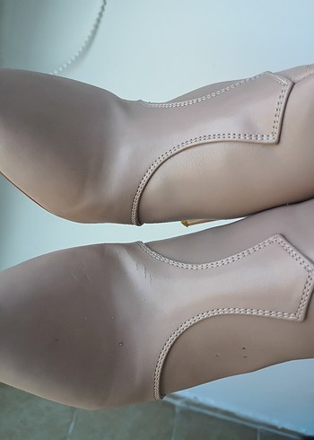 Bej Deri Bağcıklı Stiletto Topuklu Kadın Bot - Görsel 2