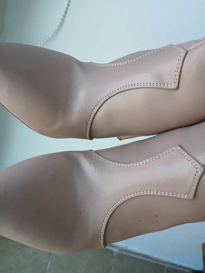 Bej Deri Bağcıklı Stiletto Topuklu Kadın Bot - Görsel 2