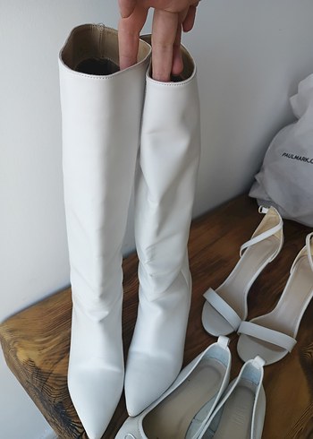 Beyaz Stiletto Topuklu Kadın Dizüstü Çizme - Görsel 4