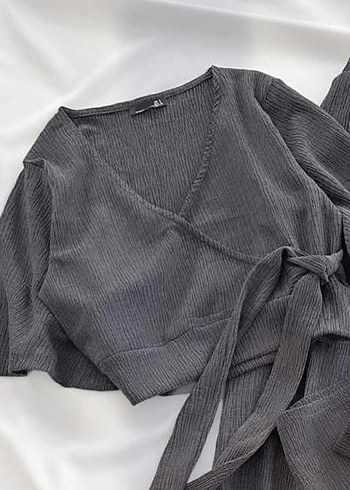 Gri Keten V Yaka Drapeli Mini Elbise