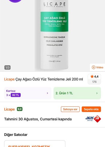 Diğer SIFIR KAPALI KUTU Licape Çay Ağacı Özlü Yüz Temizleme Jeli 200ml