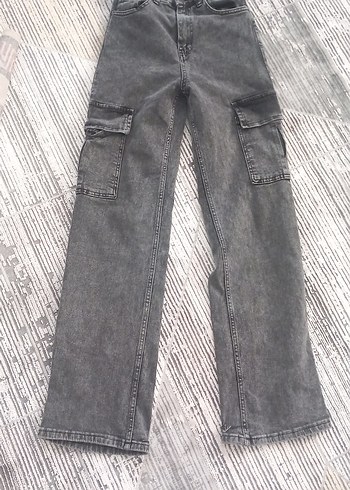 Diğer Gri Bağlamalı Bol Kesim Kadın Denim Pantolon
