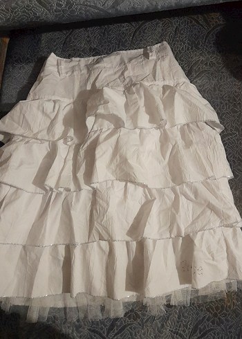 Kadın Beyaz Uzun Keten Fırfırlı Etek