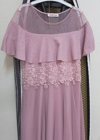 Pembe Dantel İşlemeli Uzun Abiye Elbise - Görsel 3