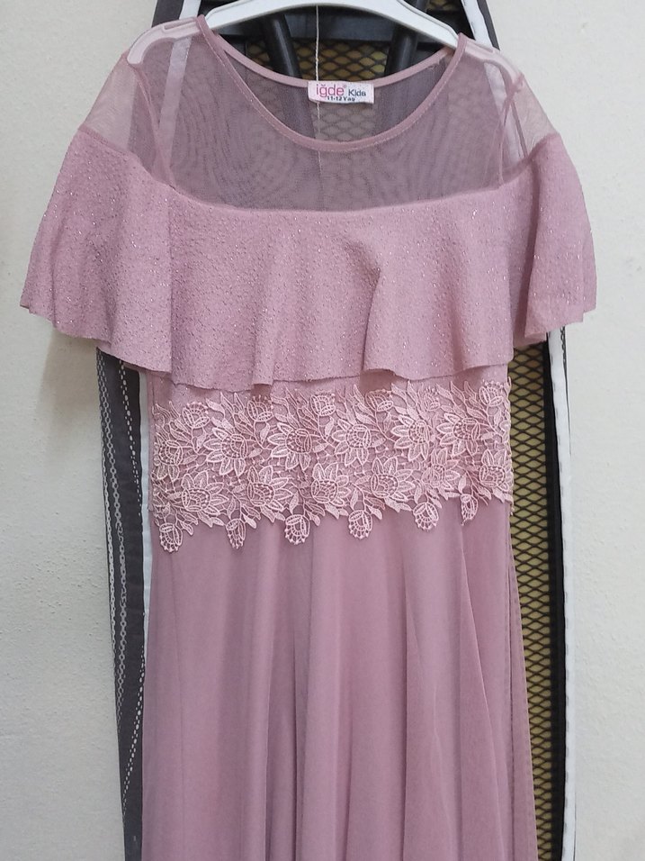 Pembe Dantel İşlemeli Uzun Abiye Elbise - Görsel 3