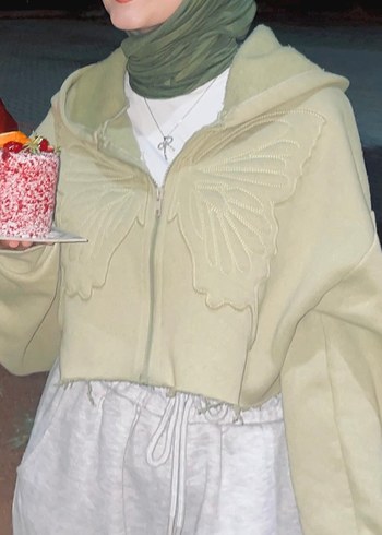 Kelebek nakış yeşil crop ceket